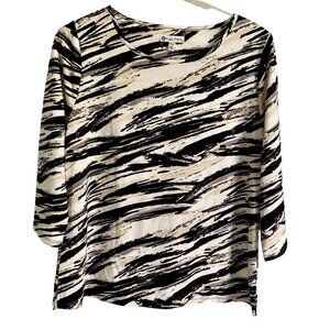 Kate Park 3/4 Sleeves Top Jacquard Black White Design Women's Petite Medium